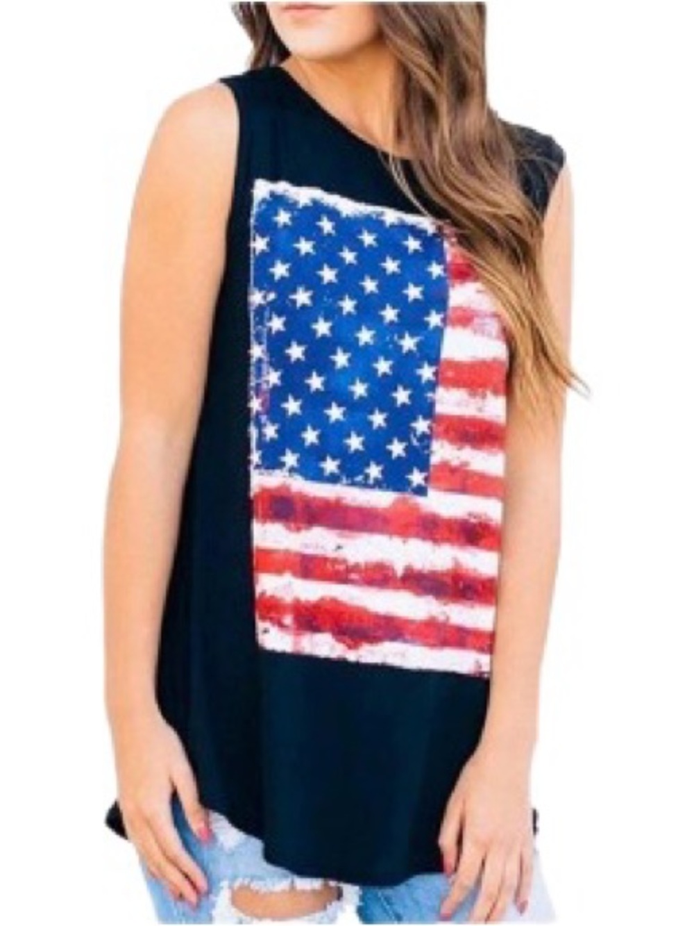 4th of July Women’s Tank Tops Shirts American USA Flag Graphic Black Large L
